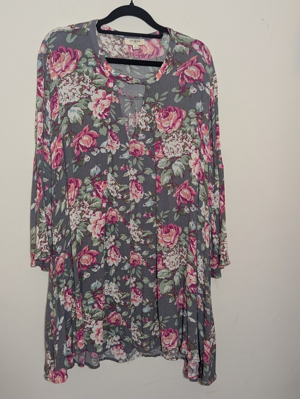 Umgee Gray Pink Floral Boho Swing Tunic Mini Dress Size M